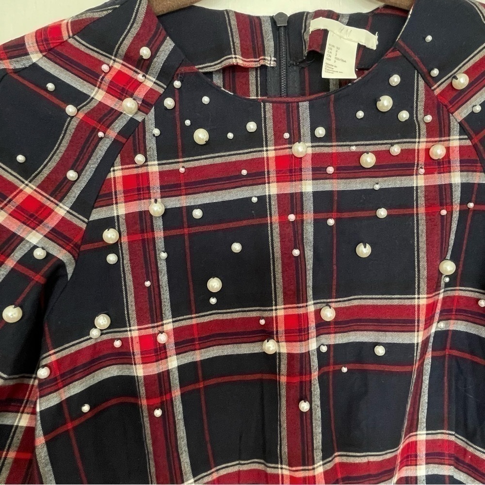 H&M Pearl Tartan Plaid Peplum Long Sleeves Too, 100% cotton Women’s size 2 - Picture 5 of 12